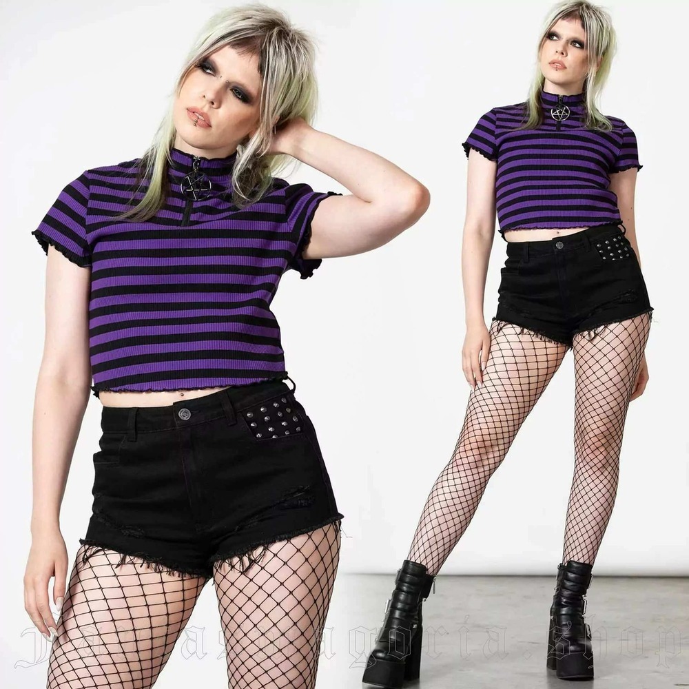 Killstar Malkin Crop Top Purple Black Striped Pentagram Zipper Mock Neck XS